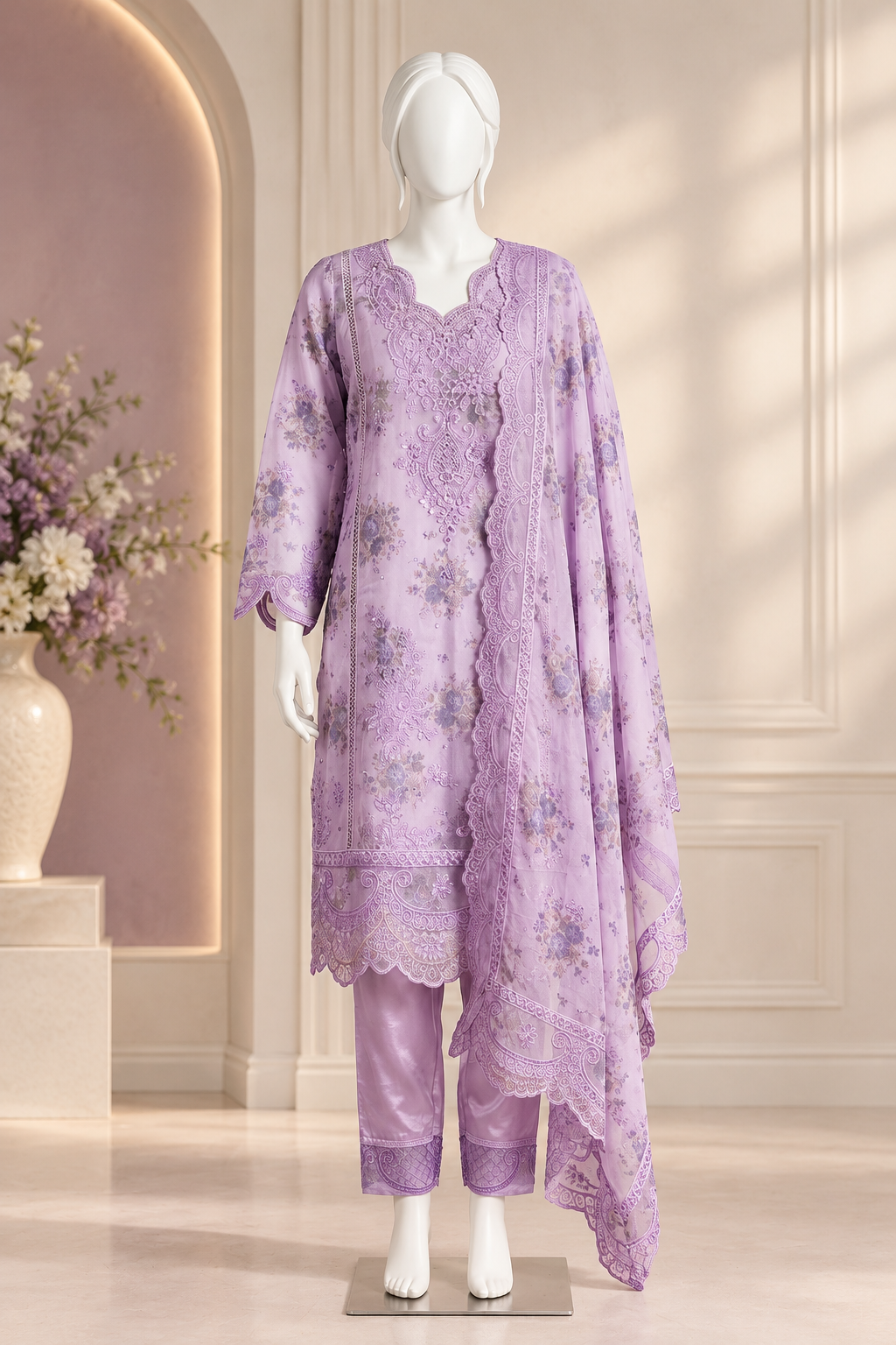 Women's Premium Lavender Embroidered 3-Piece Suit