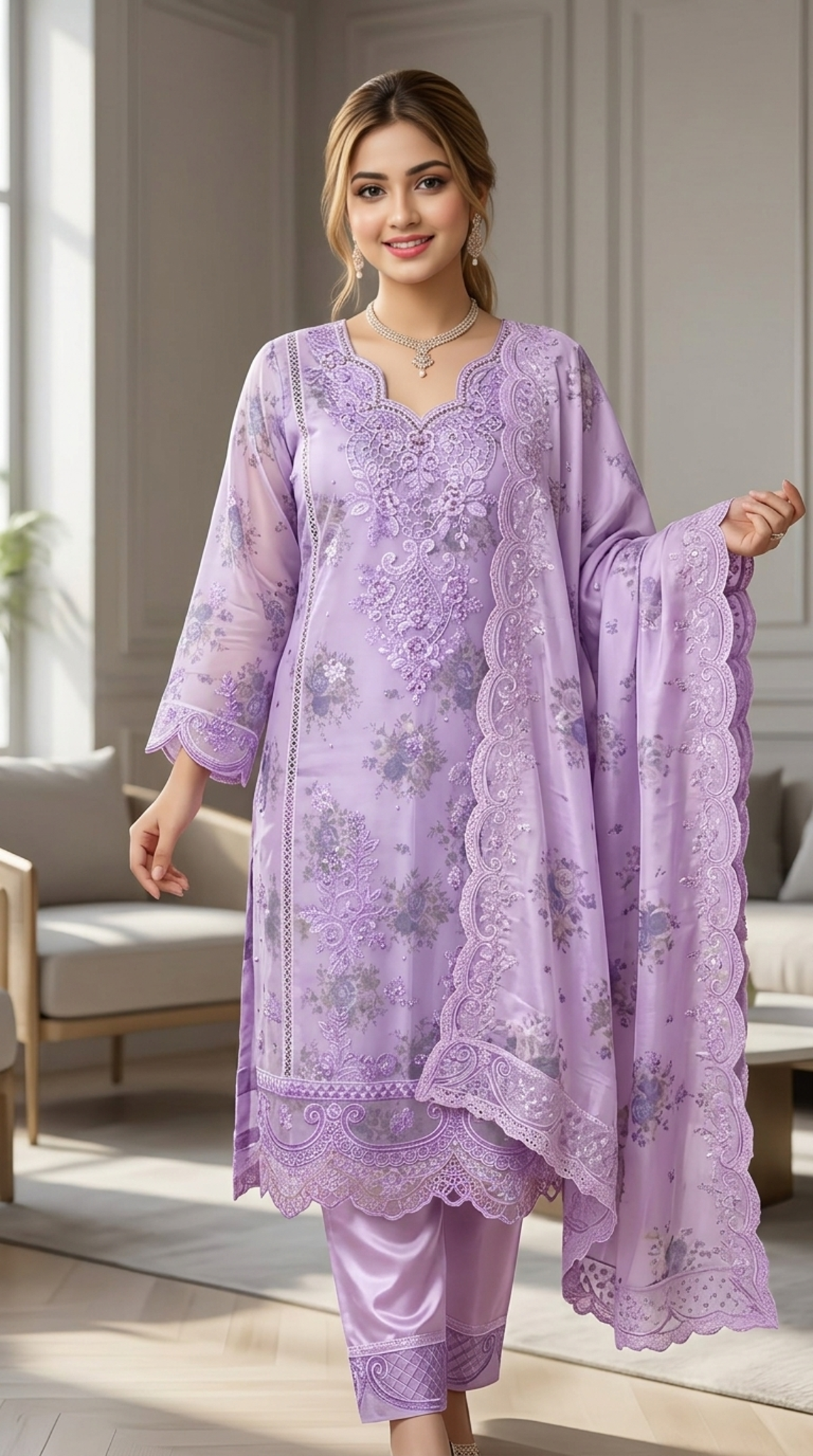 Women's Premium Lavender Embroidered 3-Piece Suit - Image 3
