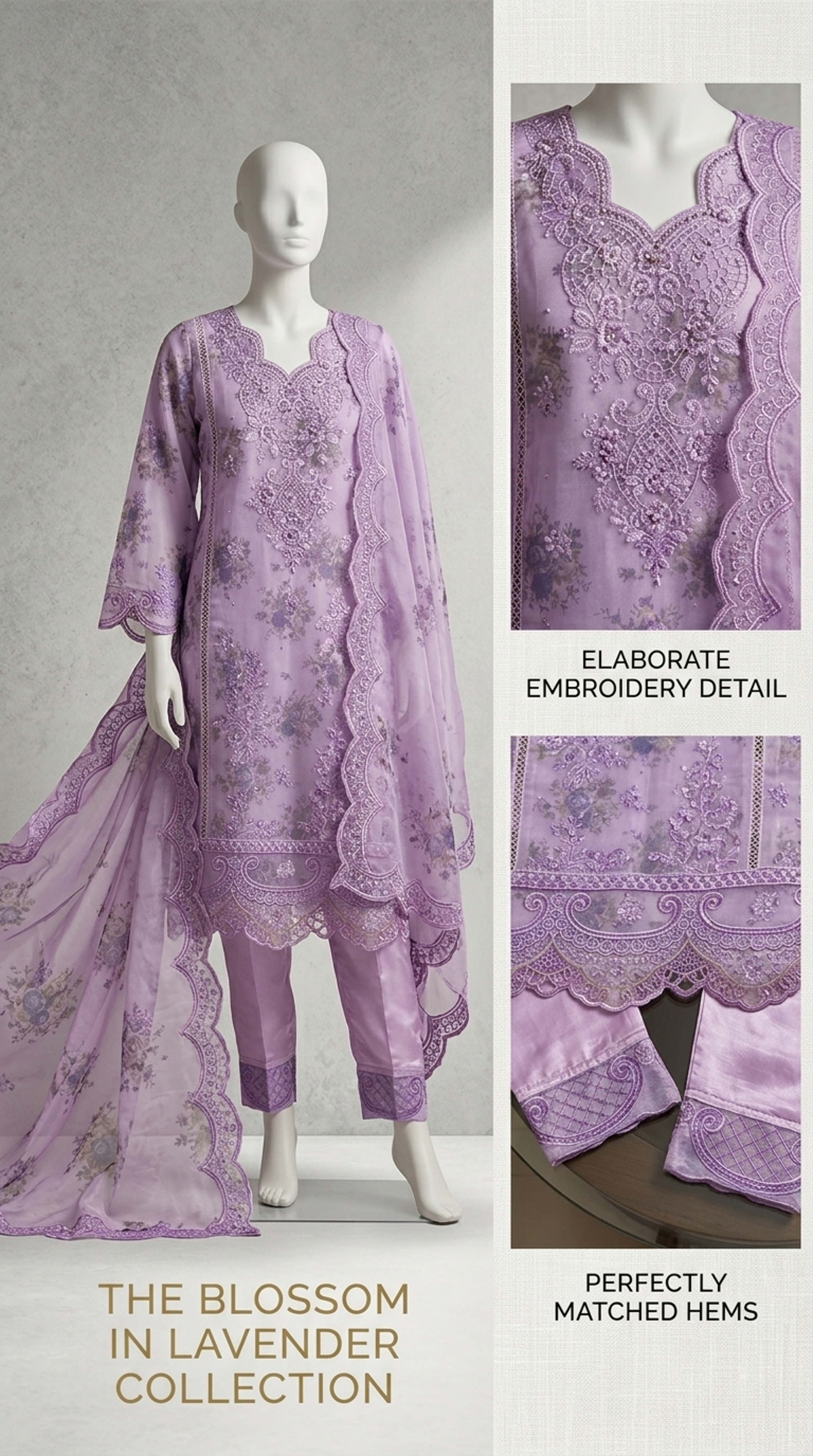 Women's Premium Lavender Embroidered 3-Piece Suit - Image 2